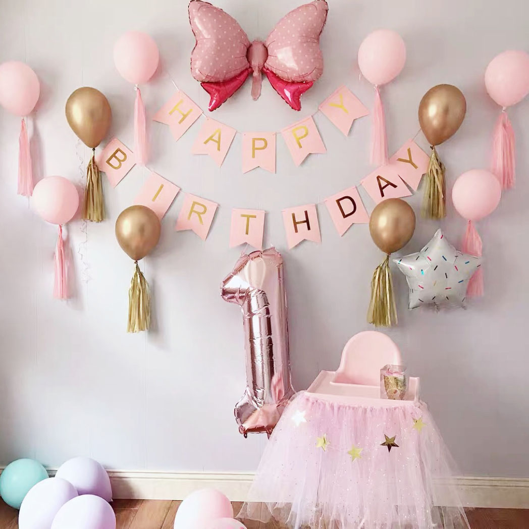 抖音网红女孩生日周岁气球布置装饰网红马卡龙粉色蝴蝶结背景墙套