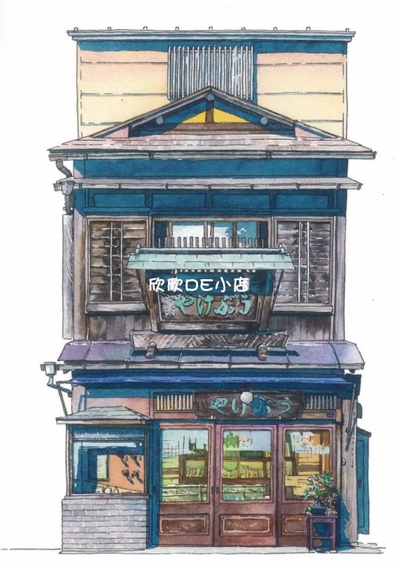 东京店铺水彩手绘插画 钢笔淡彩 动漫场景 绘画设计参考素材6310