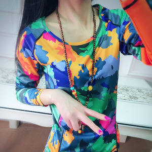 小银子户外女式时尚迷彩速干衣女长袖T恤透气大码运动跑步快干衣速干衣T恤