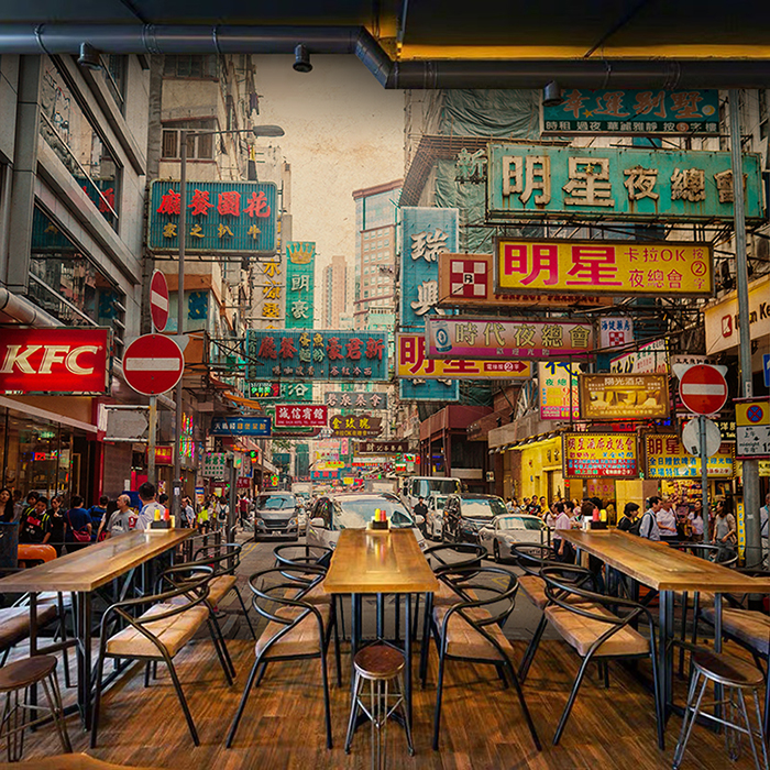 3d立体怀旧老香港街道街景背景墙纸港式小吃奶茶店茶餐厅饭店壁纸
