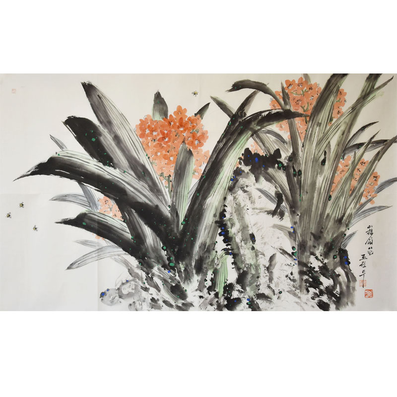 朝鲜花卉国画1.1米 赵元斗 功勋《君子兰》客厅装饰画锦绣山vv867