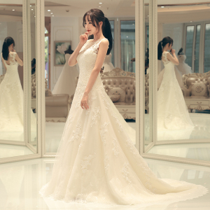 婚纱礼服2017新款春秋季新娘结婚婚纱拖尾蕾丝绑带韩式婚纱显瘦女婚纱