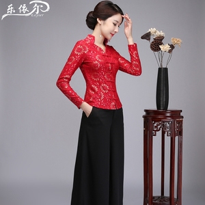 秋冬唐装旗袍套装女长袖改良时尚旗袍上衣短款妈妈装婚宴礼服大码旗袍