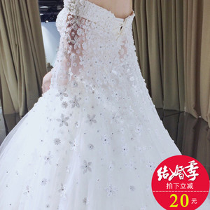 一字肩韩式婚纱礼服2017新款新娘结婚齐地大码显瘦长拖尾红色婚纱婚纱礼服