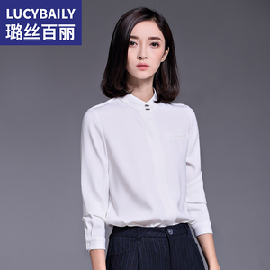 白色雪纺衬衫女长袖立领职业装韩版范宽松百搭春装白衬衣打底寸衫雪纺衫