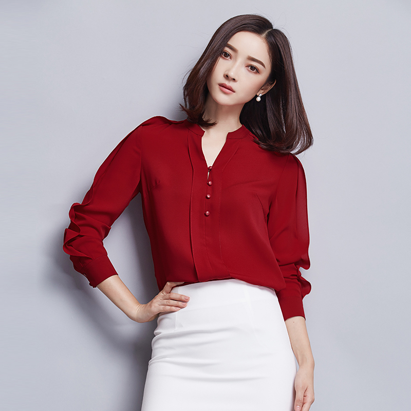 【清仓价99元】2019秋季新款女装长袖v领雪纺衬衣修身上衣职业女