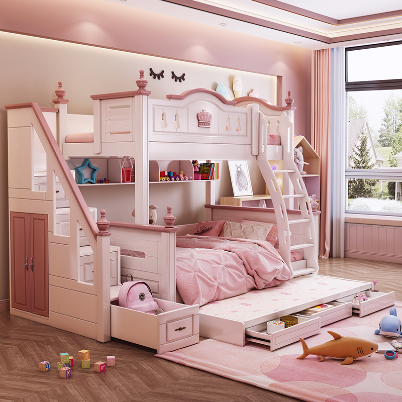 儿童床高低床女孩上下床美式多功能实木母子床公主床带滑梯双层床