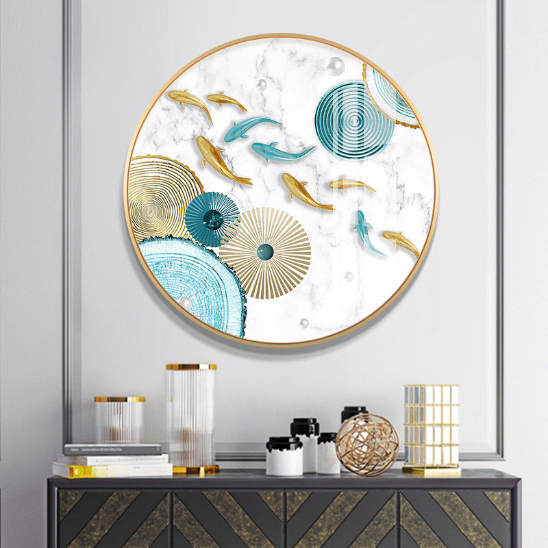 九鱼吉庆 玄关装饰画新中式九鱼图餐厅挂画圆形招财大气晶瓷画