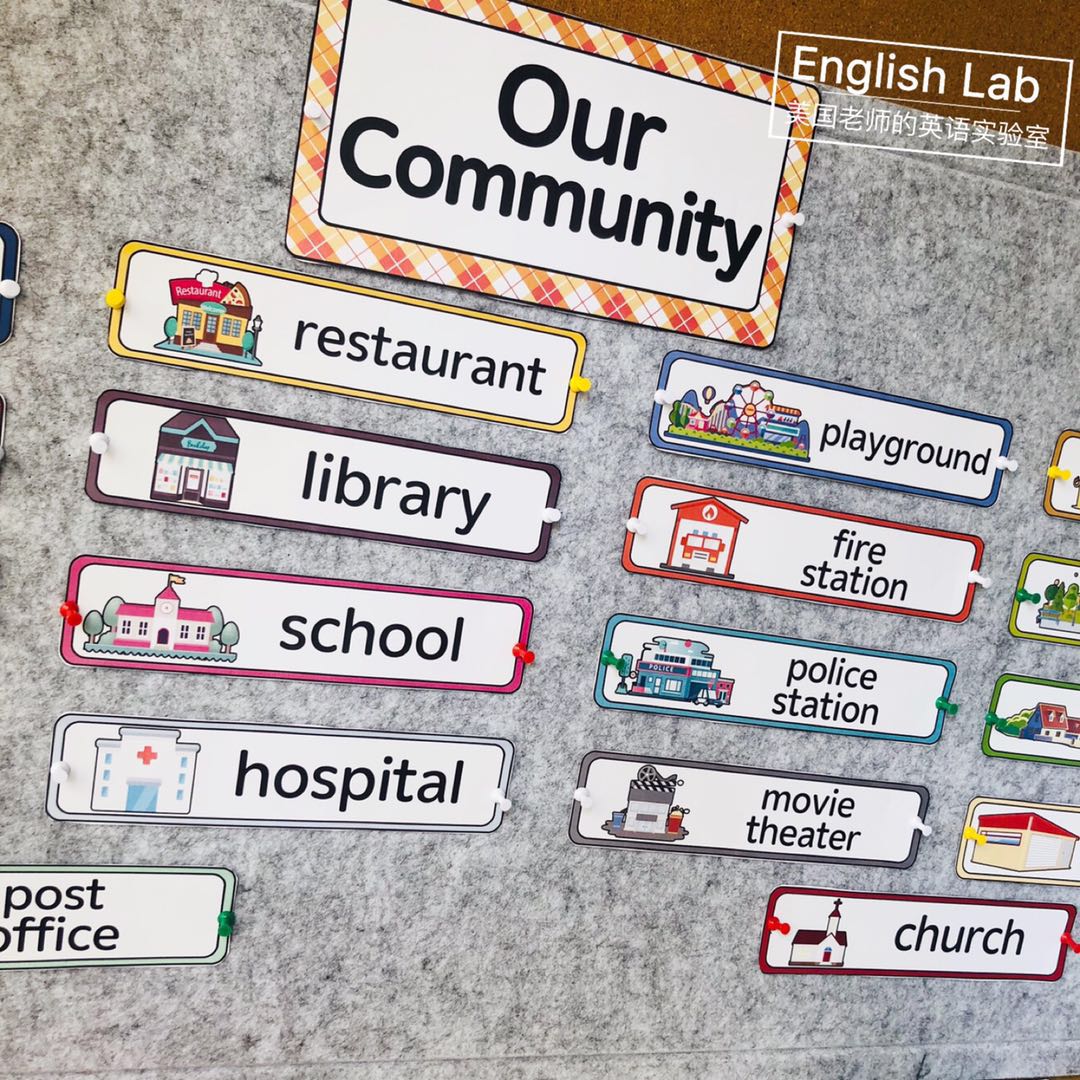 community 社区地点建筑英文卡片主题墙装饰亲子早教英语教师教具