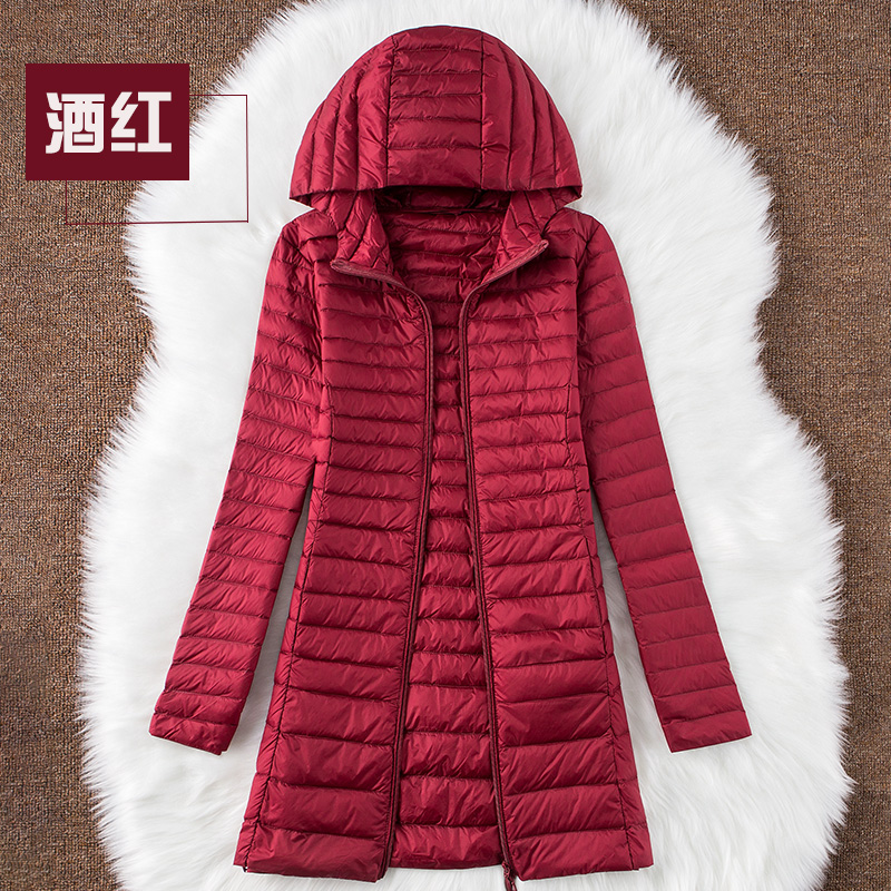 逸阳专柜反季清仓2019新款轻薄羽绒服女中长款大码立领连帽修身外