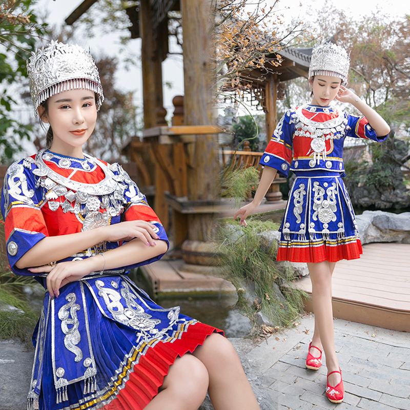新款苗族侗族少数民族风精品服装短款百褶裙成人少女舞蹈演出服饰