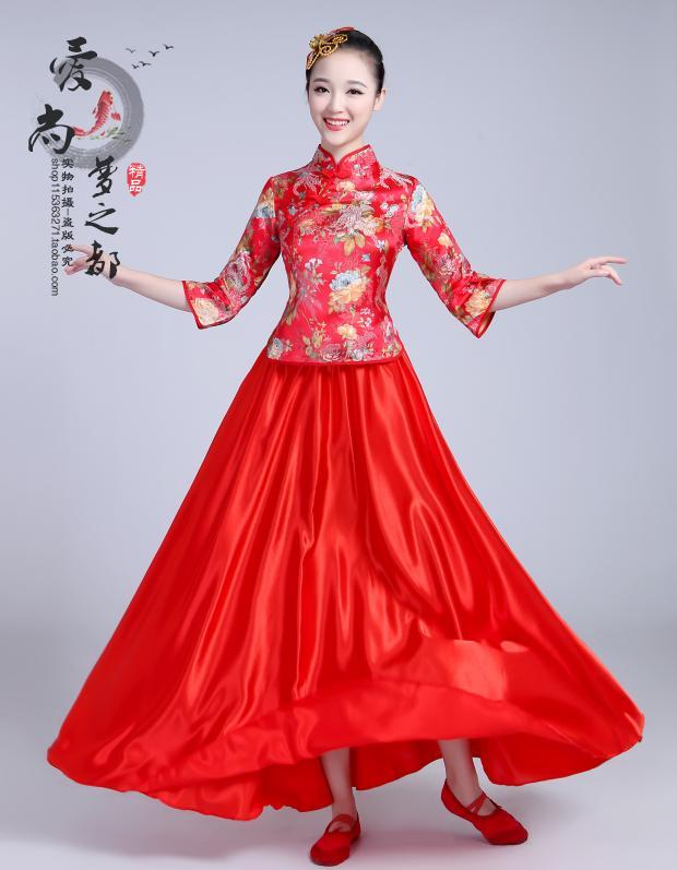 中国风大合唱长裙民族舞蹈服装民乐二胡古筝独奏新款演出服成人女