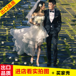 林心如明星同款婚纱礼服一字肩前短后长韩版新娘旅拍小拖尾出门纱婚纱礼服