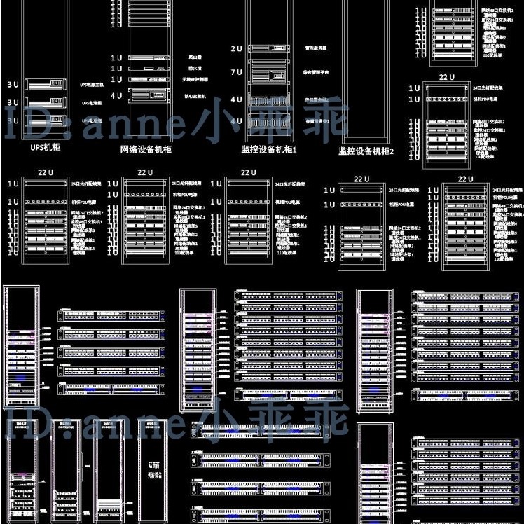 弱电智能化监控设备光纤网络设备ups电话机柜语音配线架cad施工图