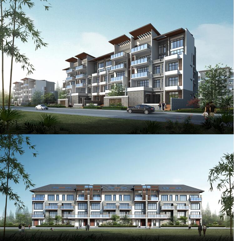 su模型新亚洲新中式多层住宅小区建筑景观设计方案效果图含cad图