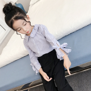 女童条纹衬衫儿童衬衣女大童秋装2017新款公主屋童装长袖纯棉上衣儿童长袖衬衫