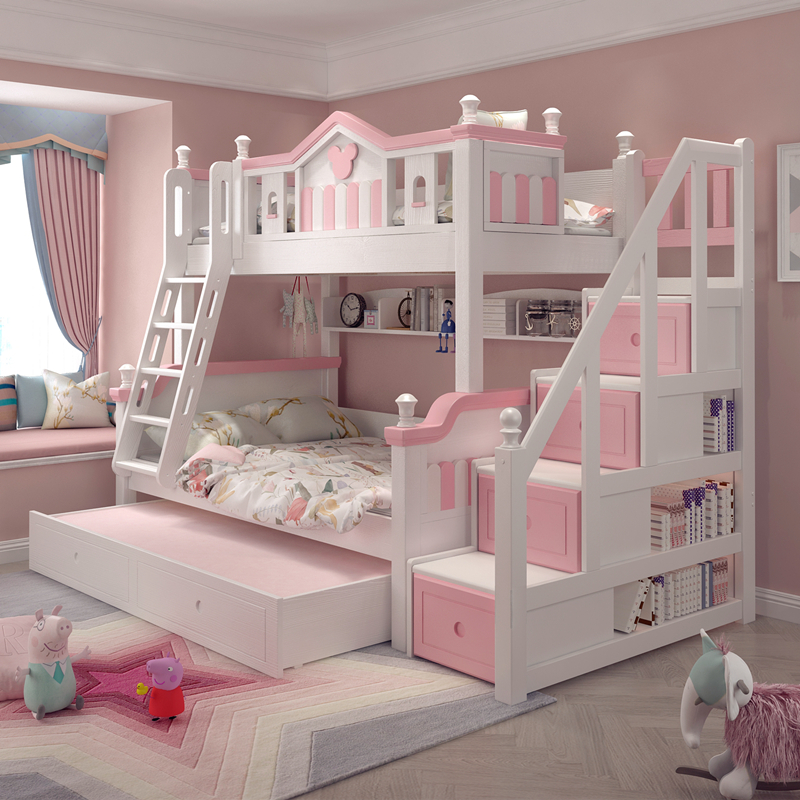 全实木上下床高低床女孩城堡窗户子母床滑梯双层床粉色儿童床公主