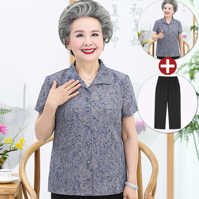 中老年人夏装女60岁70奶奶装夏装短袖套装妈妈雪纺两件套老人衣服