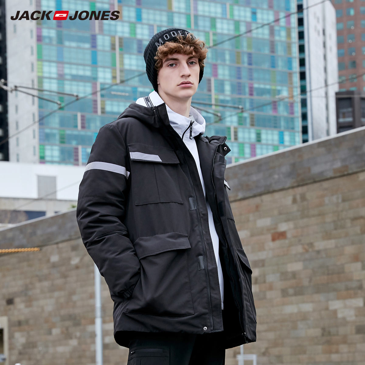 jackjones杰克琼斯冬男2019新款加厚潮流工装派克中长连帽羽绒服