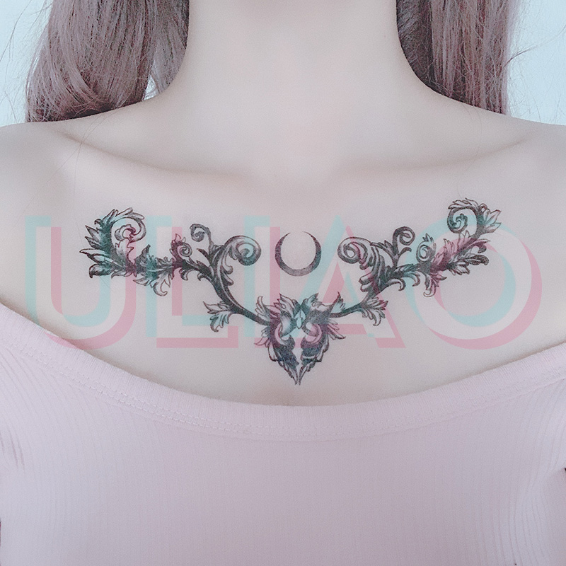 uliao小众设计款花胸花朵前胸口纹身贴防水持久女暗黑系性感黑色