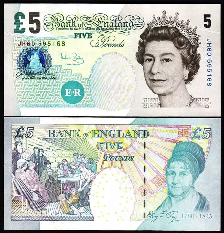 全新unc 英国e序列2002版5镑纸币(弗雷)c.salmon签名 钱币收藏