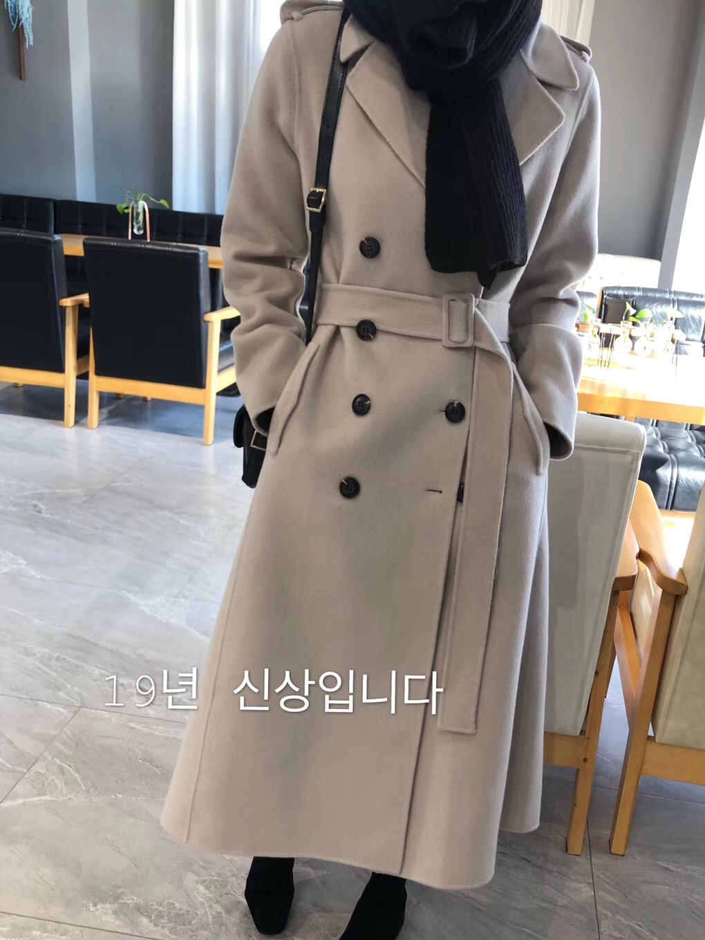 2019韩国冬新品 经典双排扣超长系腰带巴宝莉风格双面羊绒大衣女