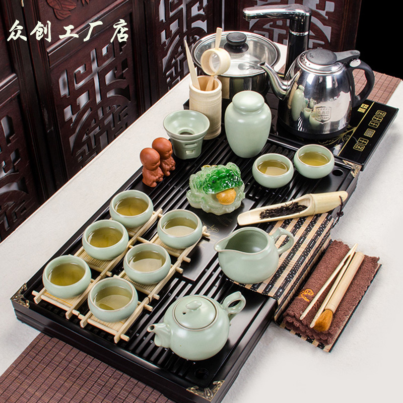 聚森茶具套装家用整套陶瓷功夫茶盘实木紫砂喝茶简约泡茶茶道茶台