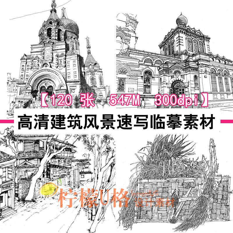 302 黑白线描画风景植物建筑速写国外线描临摹学习基础手绘素材