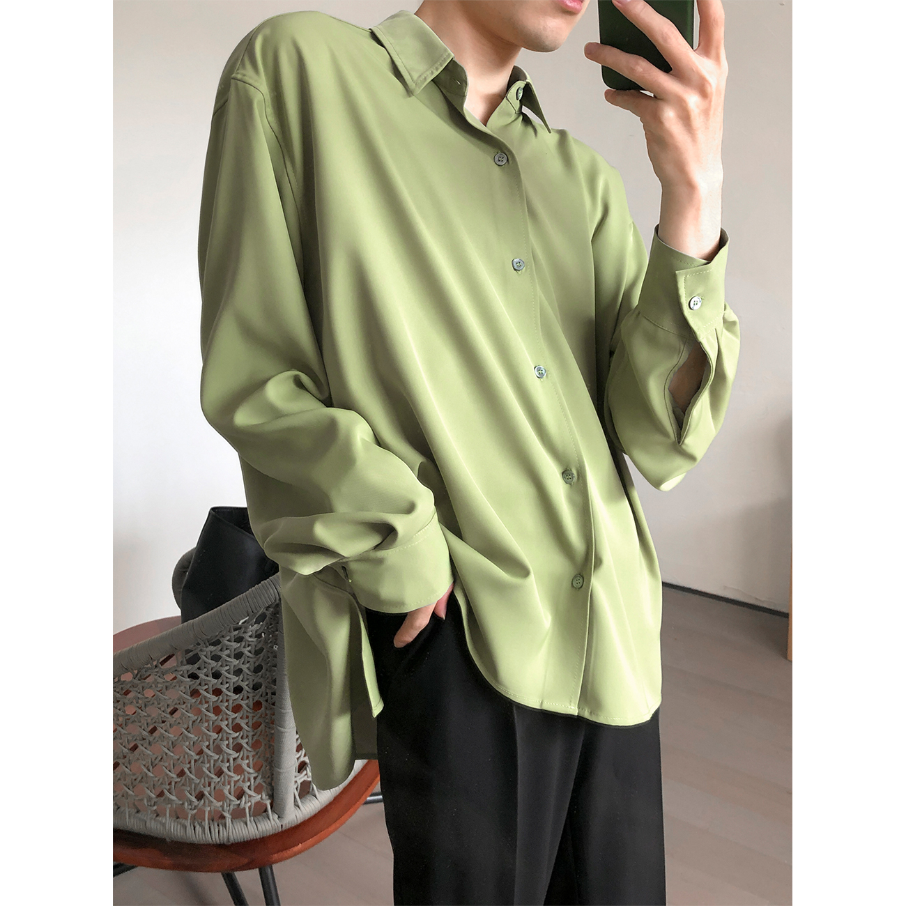 amg 20ss/就是春天的味道 小众色垂坠感衬衫宽松落肩袖果绿色衬衫