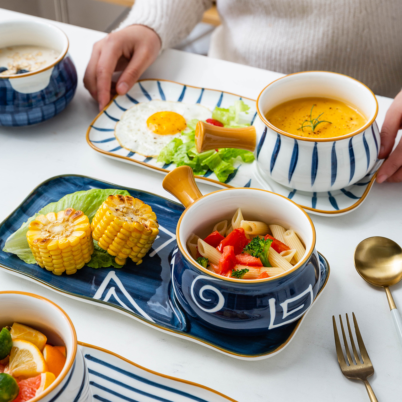 摩登主妇青瑶一人食家用早餐餐盘创意个性碗碟餐具套装陶瓷碗盘