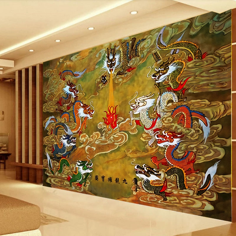 西藏唐卡九龙图壁纸佛像佛教用品藏式装饰背景画佛寺庙佛系壁画