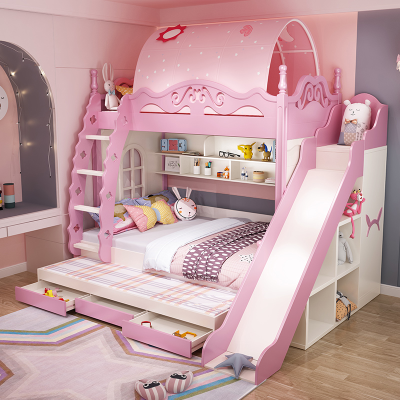 上下床双层床上下铺木床高低床儿童床女孩公主床梦幻城堡床带滑梯