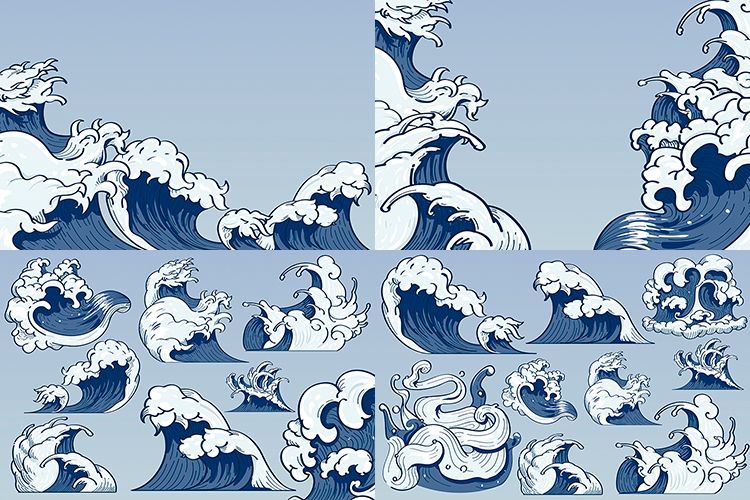 日系风格浪花ai矢量素材 日本风蓝色海浪风浪花纹背景 设计素材