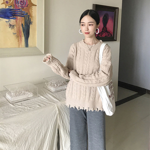 针织衫秋季2017新款女装韩版百搭显瘦宽松学生长袖上衣流苏边毛衣针织上衣女