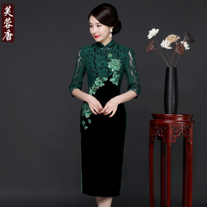 2017秋款蕾丝半袖金丝绒旗袍裙显瘦日常时尚文艺主持高档礼服旗袍