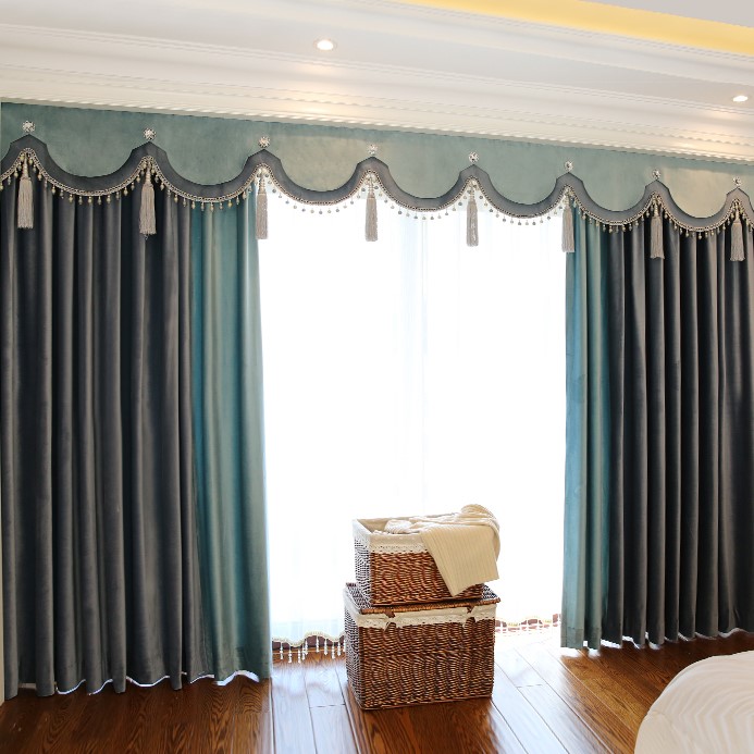 莫尼卡软装窗帘美式乡村荷兰绒双色拼接客厅卧室高窗白纱幔