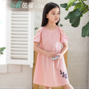 茵曼童装女童裙子2017夏装新款露肩中大童短袖公主裙儿童连衣裙儿童连衣裙