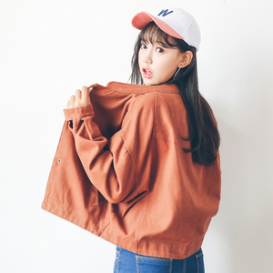 春秋款蝙蝠袖宽松短款牛仔外套复古立领bf风长袖夹克上衣女棒球服牛仔外套女