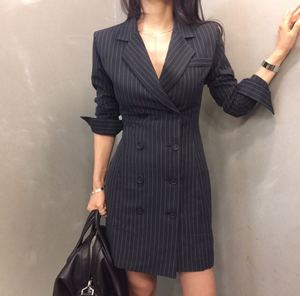 2017春秋季新款小西装翻领竖条纹双排扣西服修身显瘦风衣式西装女女士西装