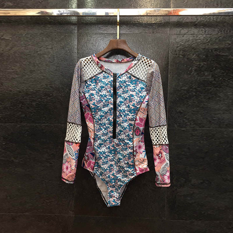 l23米兰女装2020年新款 渔网镂空袖拼接碎花迷彩连体泳衣