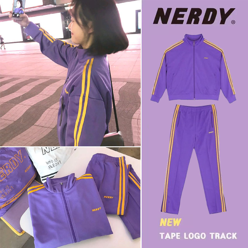 代购韩国潮牌nerdy运动服套装女李知恩iu同款衣服边条纹紫色女装