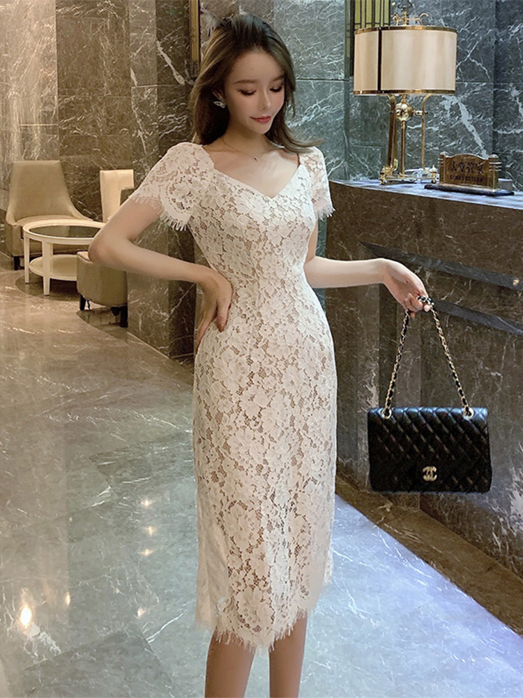 香港正品专柜2020春夏季新款韩版气质蕾丝连衣裙性感包臀开叉裙子