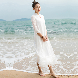 雪纺连衣裙文艺复古中国民族风女装2017新款夏改良汉服旗袍长裙仙民族风女装
