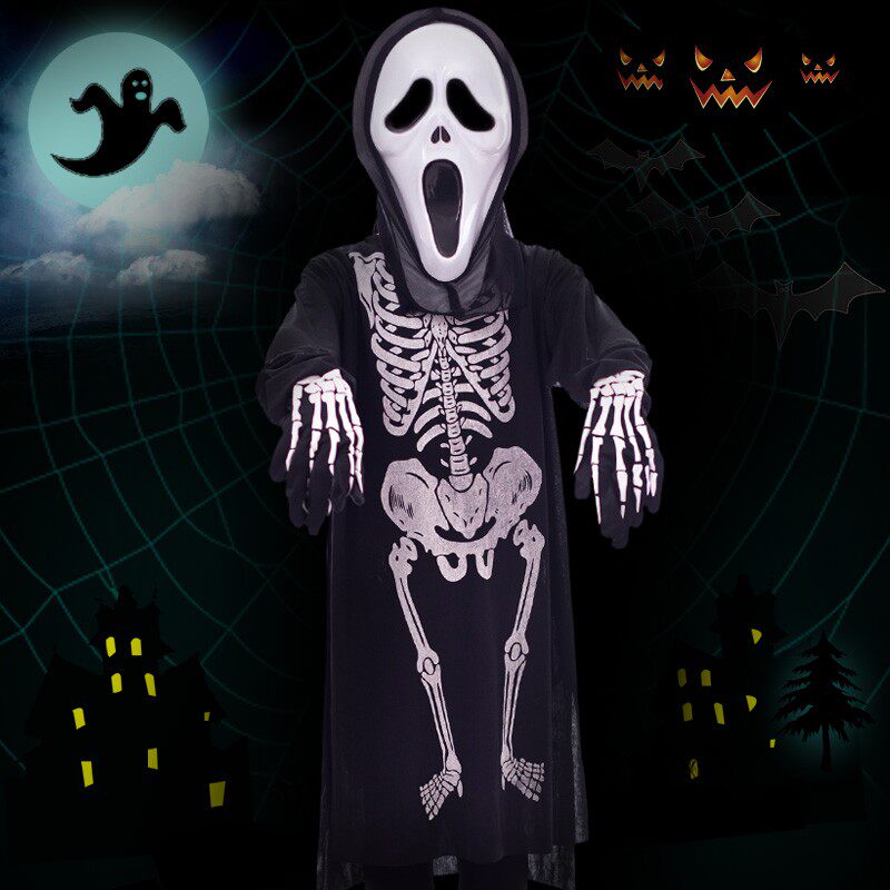 万圣节化妆舞会服饰万圣节服装 衣服 骷髅骨架鬼衣 儿童 恐怖面具