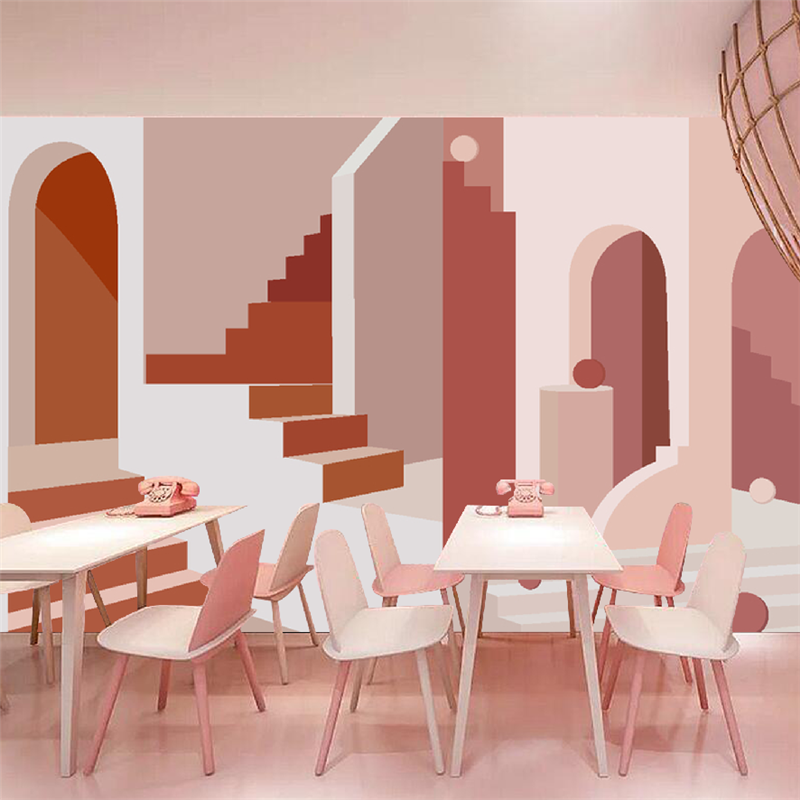 莫兰迪个性创意建筑墙纸网红美甲服装奶茶店壁纸背景墙3d空间延伸