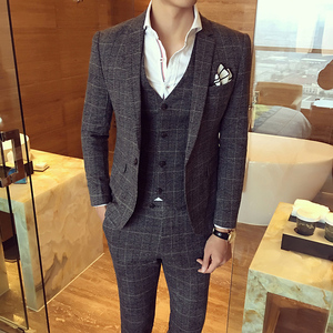 四季青年男士西服套装三件套修身韩版格子西装新郎结婚礼服英伦风西装