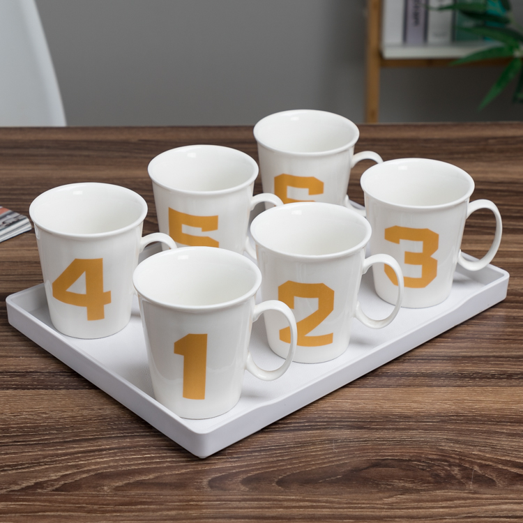 水杯套装 家用陶瓷办公咖啡杯创意卡通杯子数字杯具6杯带托盘北欧
