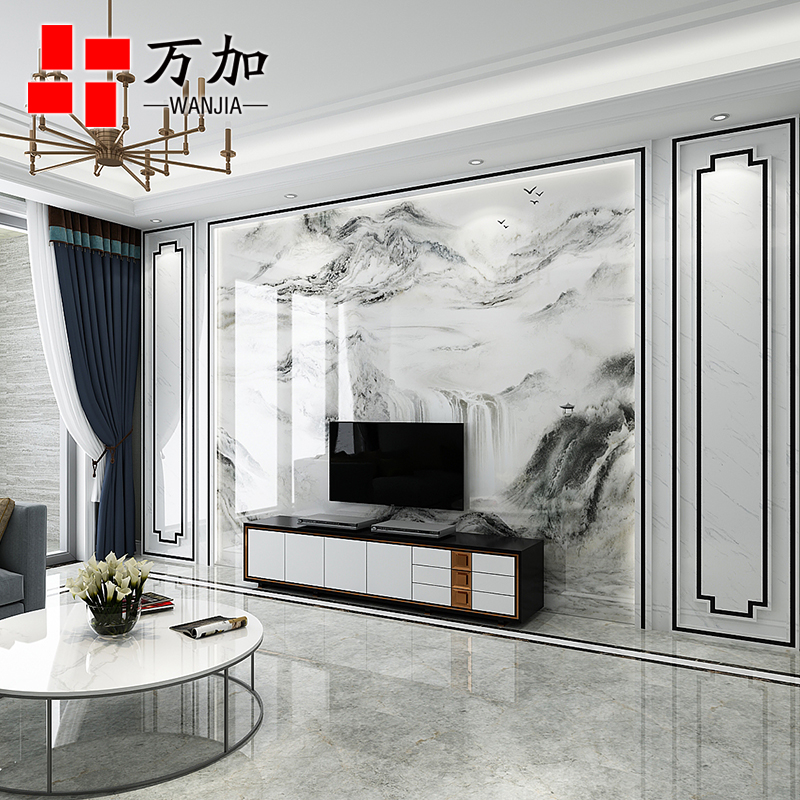 新中式电视背景墙微晶石现代简约客厅仿大理石边框装饰瓷砖山水画