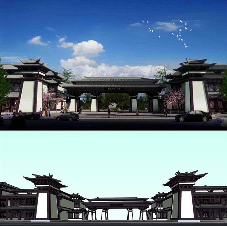 汉代古建筑汉阙旅游区风景区商业街步行街游客中心su模型sketchup