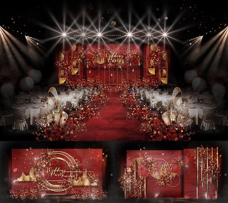 高端欧式复古红金色婚礼舞台背景设计图婚庆手绘效果图psd素材47